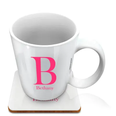 (10oz White) Hot Pink (Fuchsia) (Personalised with Text) with 1 matching Square Coaster