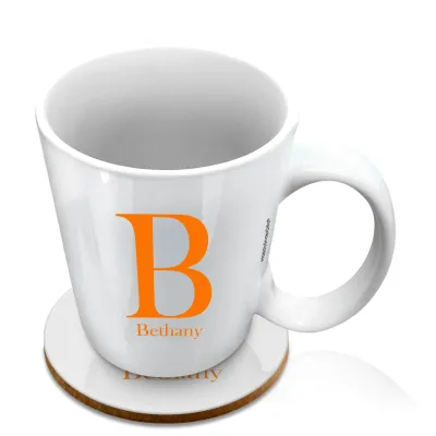 (10oz White) Burnt Orange (Personalised with Text) with 1 matching Circular Coaster