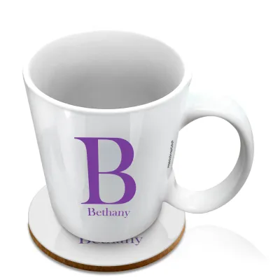 (10oz White) Purple (Personalised with Text) with 1 matching Circular Coaster