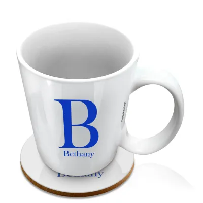 (10oz White) Royal Blue (Personalised with Text) with 1 matching Circular Coaster