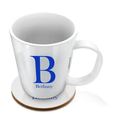 (11oz White) Royal Blue (Personalised with Text) with 1 matching Circular Coaster