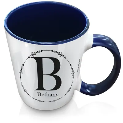 (XL 15oz Blue Inner & Handle) with Circular Ring Theme Black (Personalised with Text)