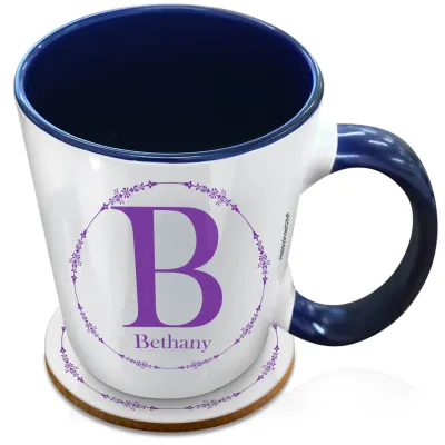 (XL 15oz Blue Inner & Handle) with Circular Ring Theme Purple (Personalised with Text) with 1 matching Circular Coaster