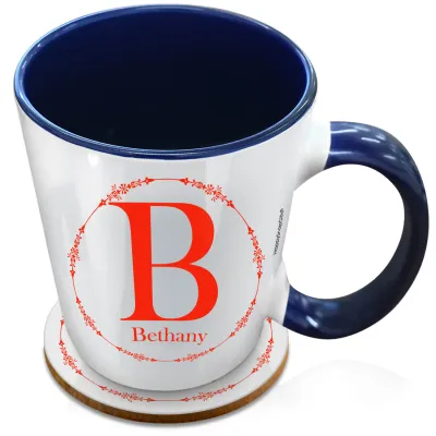 (XL 15oz Blue Inner & Handle) with Circular Ring Theme Red (Personalised with Text) with 1 matching Circular Coaster
