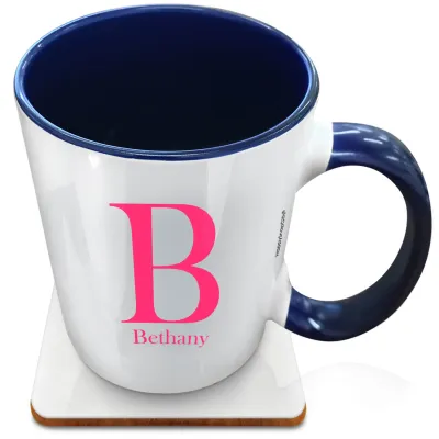 (XL 15oz Blue Inner & Handle) Hot Pink (Fuchsia) (Personalised with Text) with 1 matching Square Coaster