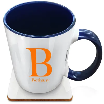 (XL 15oz Blue Inner & Handle) Burnt Orange (Personalised with Text) with 1 matching Square Coaster