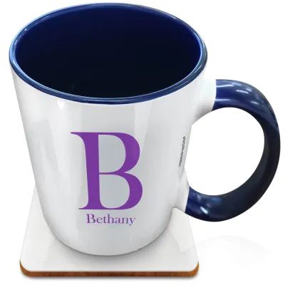 (XL 15oz Blue Inner & Handle) Purple (Personalised with Text) with 1 matching Square Coaster