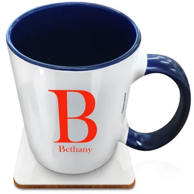 (XL 15oz Blue Inner & Handle) Red (Personalised with Text) with 1 matching Square Coaster