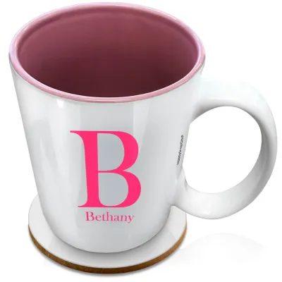 (XL 15oz Pink) Hot Pink (Fuchsia) (Personalised with Text) with 1 matching Circular Coaster