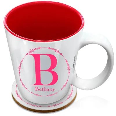 (XL 15oz Red) with Circular Ring Theme Hot Pink (Fuchsia) (Personalised with Text) with 1 matching Circular Coaster