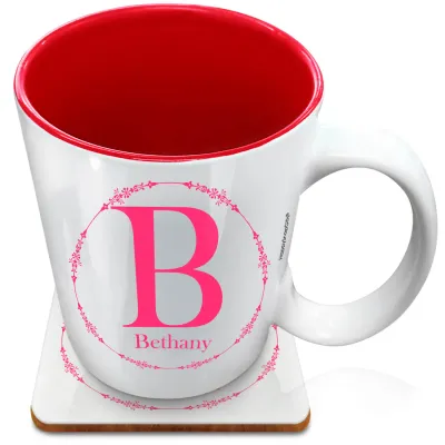 (XL 15oz Red) with Circular Ring Theme Hot Pink (Fuchsia) (Personalised with Text) with 1 matching Square Coaster