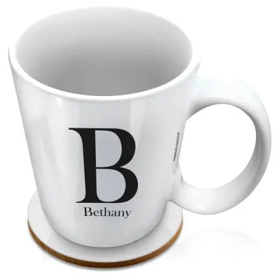 (XL 15oz White) Black (Personalised with Text) with 1 matching Circular Coaster