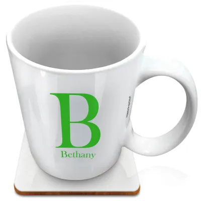 (XL 15oz White) Bright Green (Personalised with Text) with 1 matching Square Coaster