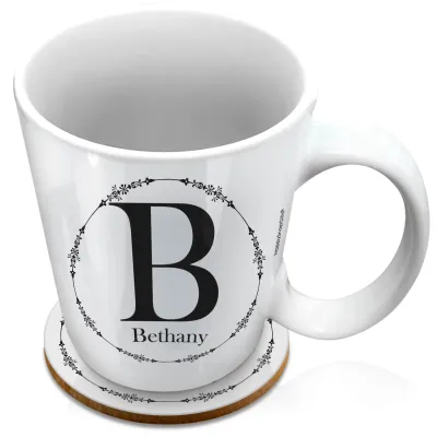(XL 15oz White) with Circular Ring Theme Black (Personalised with Text) with 1 matching Circular Coaster