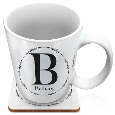 (XL 15oz White) with Circular Ring Theme Black (Personalised with Text) with 1 matching Square Coaster