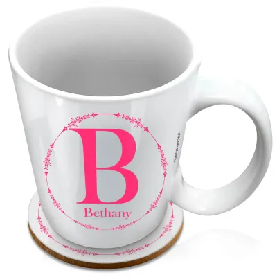 (XL 15oz White) with Circular Ring Theme Hot Pink (Fuchsia) (Personalised with Text) with 1 matching Circular Coaster