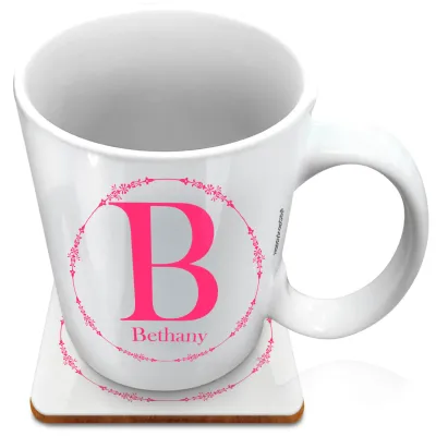 (XL 15oz White) with Circular Ring Theme Hot Pink (Fuchsia) (Personalised with Text) with 1 matching Square Coaster