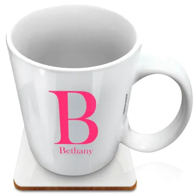 (XL 15oz White) Hot Pink (Fuchsia) (Personalised with Text) with 1 matching Square Coaster