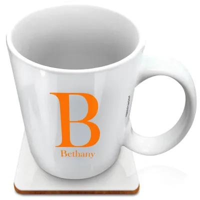 (XL 15oz White) Burnt Orange (Personalised with Text) with 1 matching Square Coaster