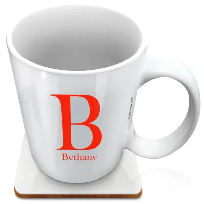 (XL 15oz White) Red (Personalised with Text) with 1 matching Square Coaster