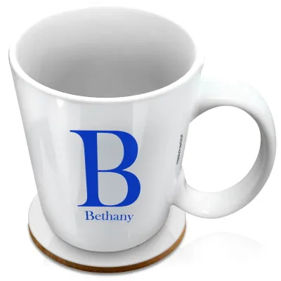 (XL 15oz White) Royal Blue (Personalised with Text) with 1 matching Circular Coaster