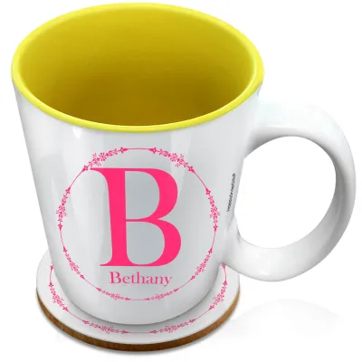 (XL 15oz Yellow) with Circular Ring Theme Hot Pink (Fuchsia) (Personalised with Text) with 1 matching Circular Coaster