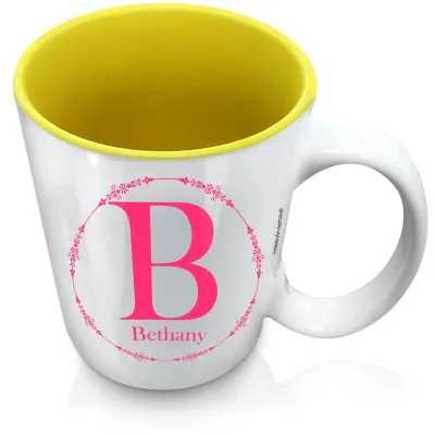 (XL 15oz Yellow) with Circular Ring Theme Hot Pink (Fuchsia) (Personalised with Text)