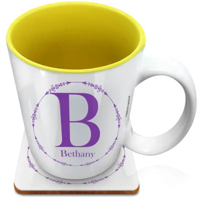(XL 15oz Yellow) with Circular Ring Theme Purple (Personalised with Text) with 1 matching Square Coaster