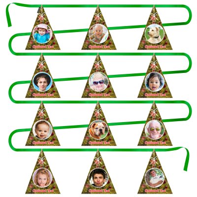 - 5 Metres with 12 Triangle Flags (28cm) with Festive Tree Design Mock Suede Polyester Fabric (Optional Personalised Gift Text)