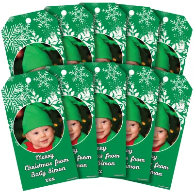 (Pack of 20) (Snowflakes Green) DIY (20 Tags / Same Photo) (Personalised with Text)