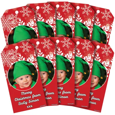 (Pack of 20) (Snowflakes Red) DIY (20 Tags / Same Photo) (Personalised with Text)