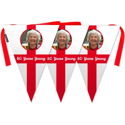 - 5 Metres with 12 Triangle Flags (28cm) with St George's Cross Design Mock Suede Polyester Fabric (Personalised with Text)