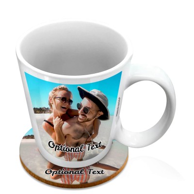 (10oz White) with 1 Photo Printed Front &amp; Back (Personalised with Text) with 1 matching Circular Coaster