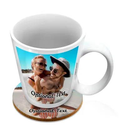 (10oz White) with 1 Photo Printed Front & Back (Personalised with Text) with 1 matching Circular Coaster