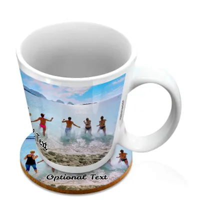 (10oz White) with 1 Wrapped Around Image (Personalised with Text) with 1 matching Circular Coaster
