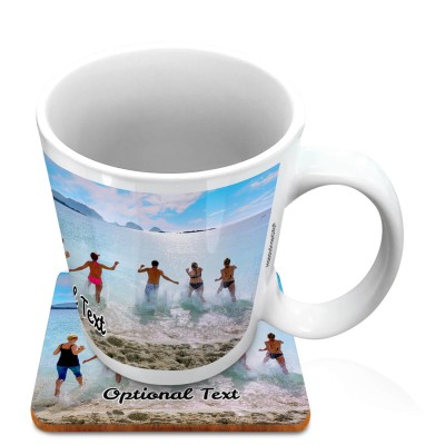 (10oz White) with 1 Wrapped Around Image (Personalised with Text) with 1 matching Square Coaster