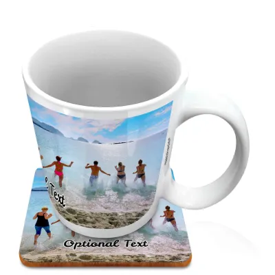 (10oz White) with 1 Wrapped Around Image (Personalised with Text) with 1 matching Square Coaster