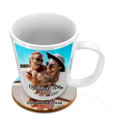 (11oz White) with 1 Photo Printed Front & Back (Personalised with Text) with 1 matching Circular Coaster