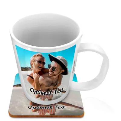 (11oz White) with 1 Photo Printed Front & Back (Personalised with Text) with 1 matching Square Coaster