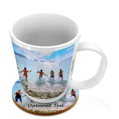 (11oz White) with 1 Wrapped Around Image (Personalised with Text) with 1 matching Circular Coaster
