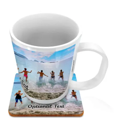 (11oz White) with 1 Wrapped Around Image (Personalised with Text) with 1 matching Square Coaster
