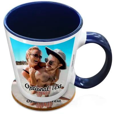 (XL 15oz Blue Inner & Handle) with 1 Photo Printed Front & Back (Personalised with Text) with 1 matching Circular Coaster