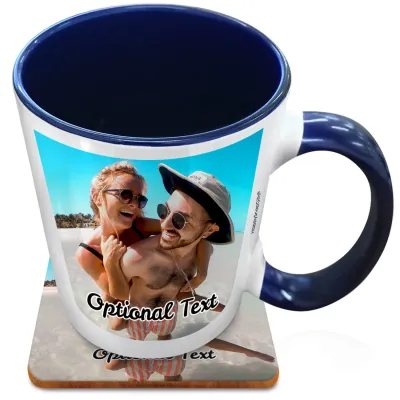 (XL 15oz Blue Inner & Handle) with 1 Photo Printed Front & Back (Personalised with Text) with 1 matching Square Coaster