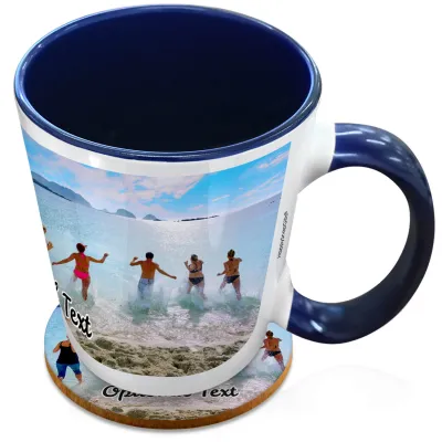 (XL 15oz Blue Inner & Handle) with 1 Wrapped Around Image (Personalised with Text) with 1 matching Circular Coaster