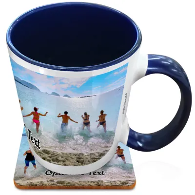 (XL 15oz Blue Inner & Handle) with 1 Wrapped Around Image (Personalised with Text) with 1 matching Square Coaster