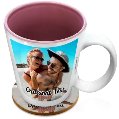 (XL 15oz Pink) with 1 Photo Printed Front & Back (Personalised with Text) with 1 matching Circular Coaster