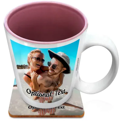 (XL 15oz Pink) with 1 Photo Printed Front & Back (Personalised with Text) with 1 matching Square Coaster