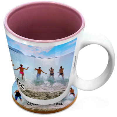 (XL 15oz Pink) with 1 Wrapped Around Image (Personalised with Text) with 1 matching Circular Coaster