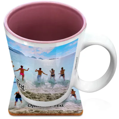 (XL 15oz Pink) with 1 Wrapped Around Image (Personalised with Text) with 1 matching Square Coaster