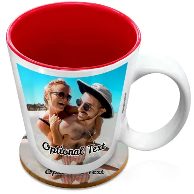 (XL 15oz  Red) with 1 Photo Printed Front & Back (Personalised with Text) with 1 matching Circular Coaster